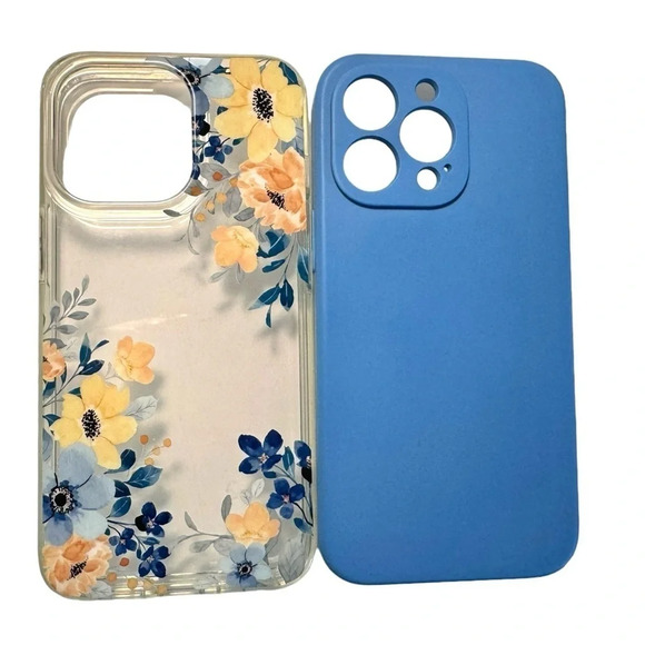 cordking Other - iPhone 13 Pro Cases - Blue silicone case and clear case with floral pattern